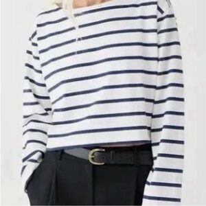 J. Crew White and Navy Striped Cropped Long-Sleeve Top